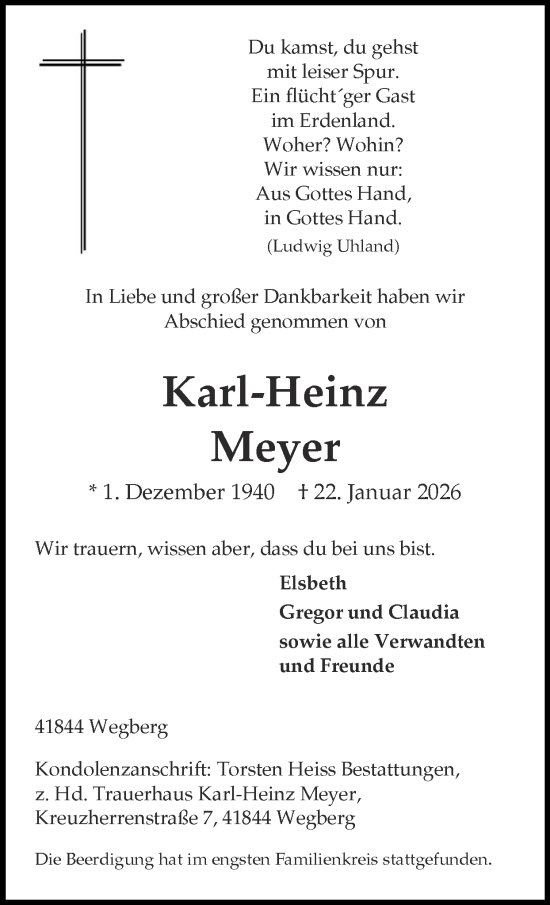 Traueranzeige von Karl-Heinz Meyer von Zeitung am Sonntag