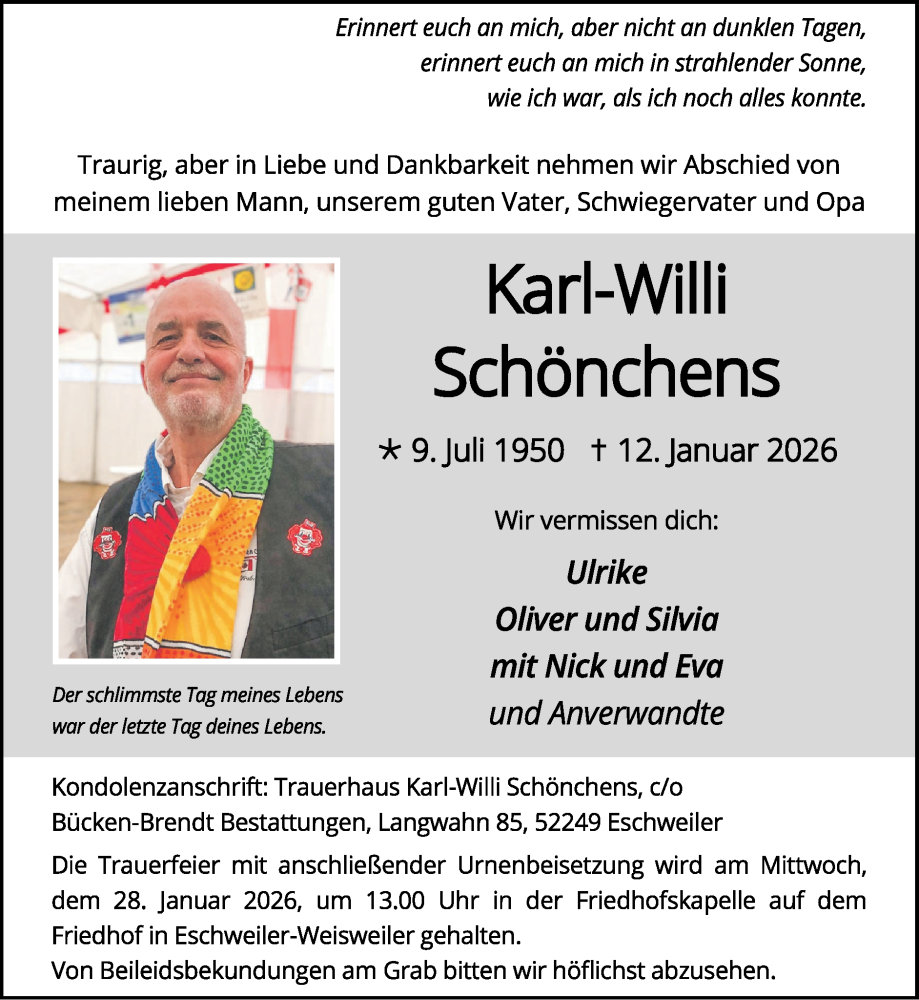  Traueranzeige für Karl-Willi Schönchens vom 18.01.2026 aus Zeitung am Sonntag
