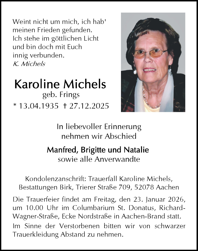  Traueranzeige für Karoline Michels vom 18.01.2026 aus Zeitung am Sonntag