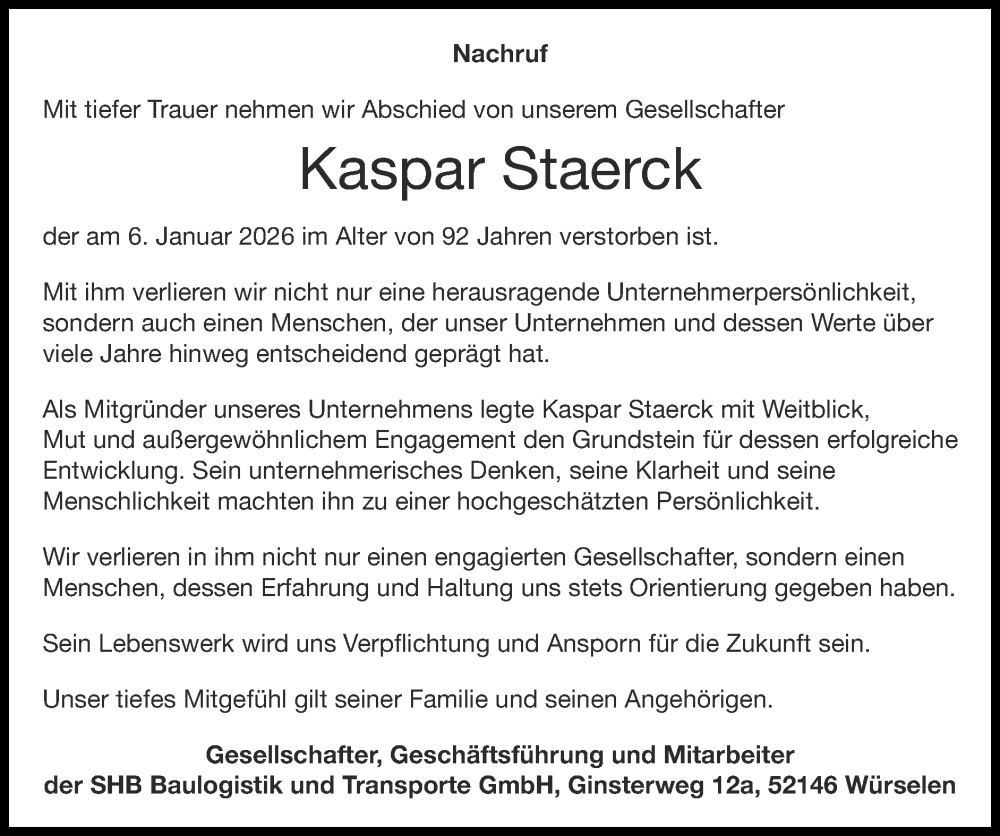  Traueranzeige für Kaspar Staerck vom 25.01.2026 aus Zeitung am Sonntag