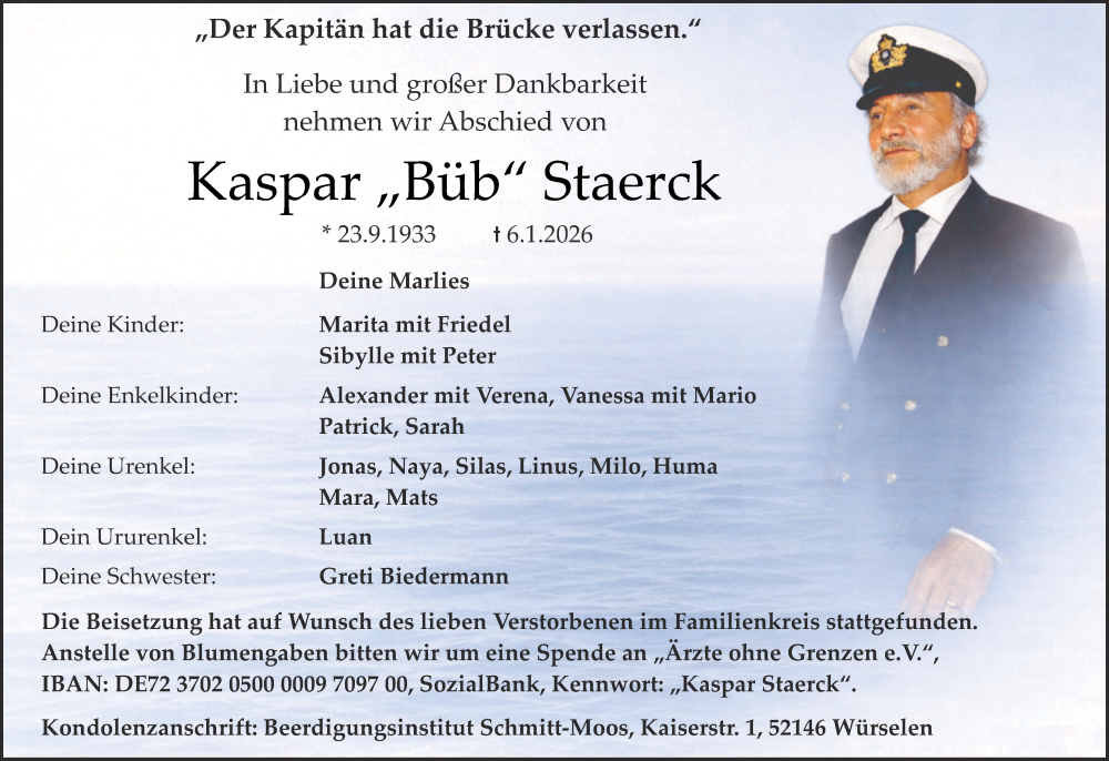  Traueranzeige für Kaspar Staerck vom 17.01.2026 aus Aachener Zeitung