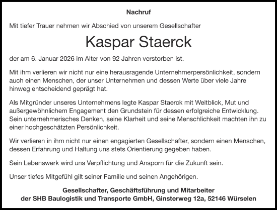 Traueranzeige von Kaspar Staerck von Aachener Zeitung
