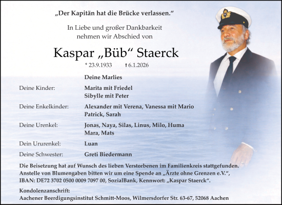 Traueranzeige von Kaspar Staerck von Zeitung am Sonntag