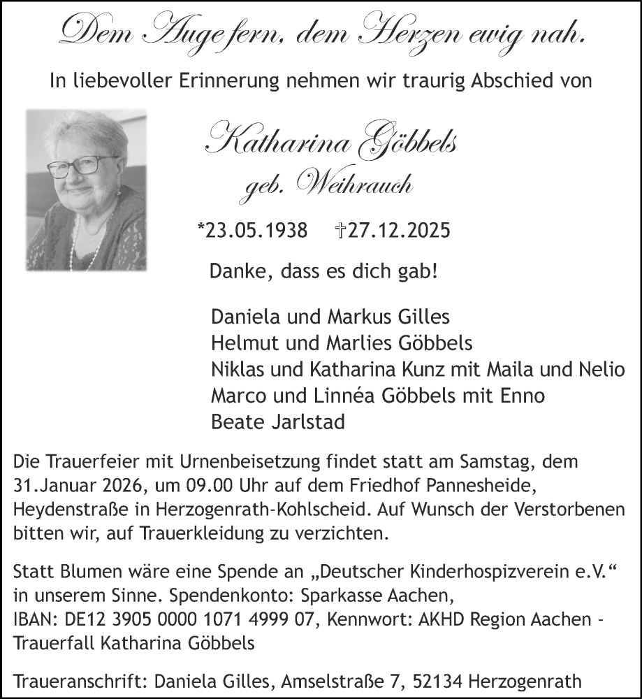  Traueranzeige für Katharina Göbbels vom 25.01.2026 aus Zeitung am Sonntag
