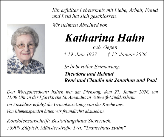 Traueranzeige von Katharina Hahn von Zeitung am Sonntag