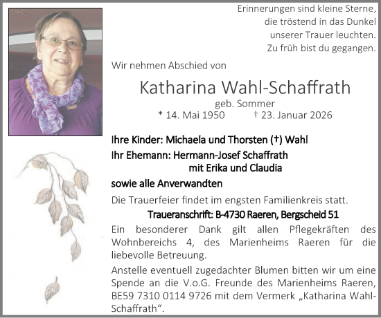 Traueranzeige von Katharina Wahl-Schaffrath von Zeitung am Sonntag