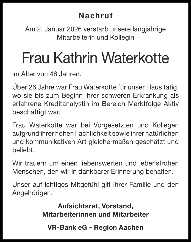  Traueranzeige für Kathrin Waterkotte vom 18.01.2026 aus Zeitung am Sonntag