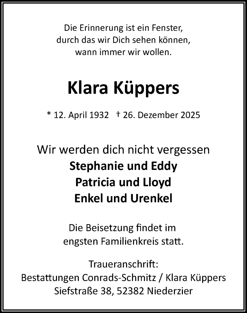  Traueranzeige für Klara Küppers vom 04.01.2026 aus Zeitung am Sonntag