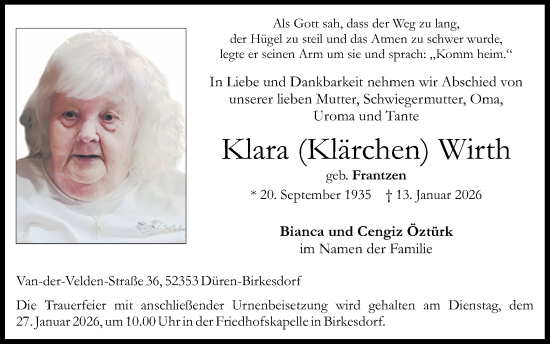 Traueranzeige von Klara Wirth von Zeitung am Sonntag