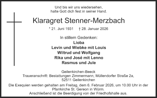 Traueranzeige von Klaragret Stenner-Merzbach von Zeitung am Sonntag