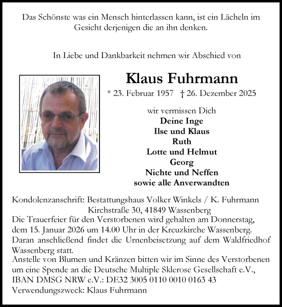 Traueranzeige von Klaus Fuhrmann von Zeitung am Sonntag