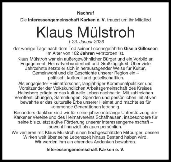 Traueranzeige von Klaus Mülstroh von Zeitung am Sonntag