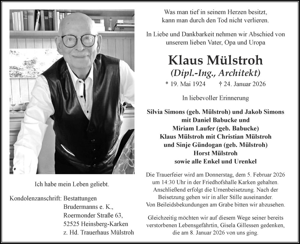  Traueranzeige für Klaus Mülstroh vom 01.02.2026 aus Zeitung am Sonntag