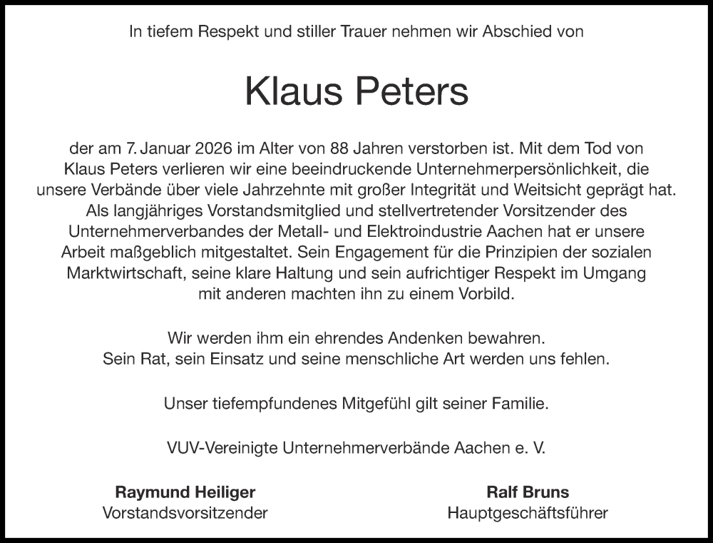  Traueranzeige für Klaus Peters vom 24.01.2026 aus Aachener Zeitung