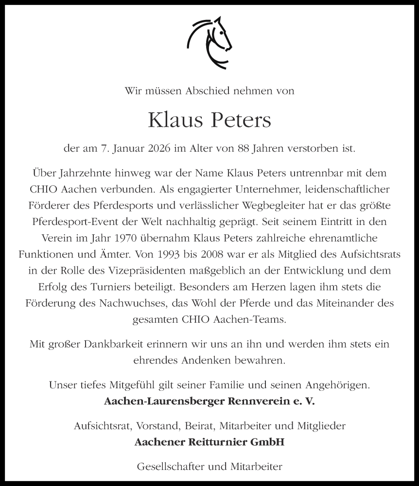  Traueranzeige für Klaus Peters vom 17.01.2026 aus Aachener Zeitung