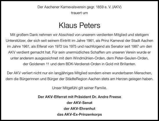 Traueranzeige von Klaus Peters von Aachener Zeitung
