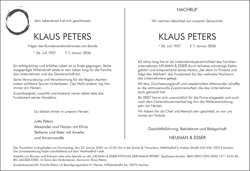  Traueranzeige für Klaus Peters vom 17.01.2026 aus Aachener Zeitung
