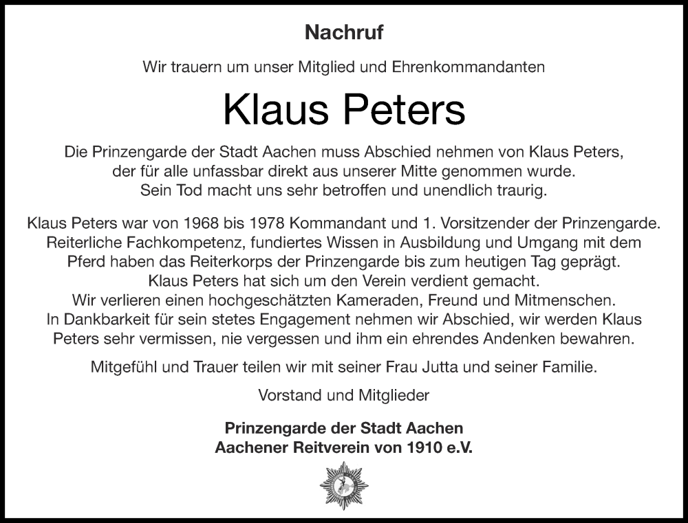  Traueranzeige für Klaus Peters vom 24.01.2026 aus Aachener Zeitung