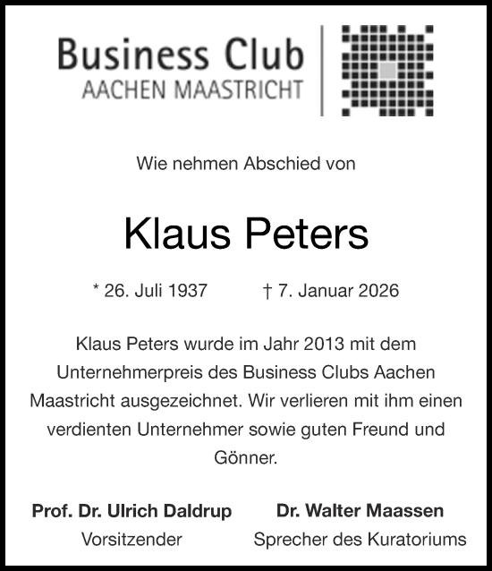 Traueranzeige von Klaus Peters von Aachener Zeitung