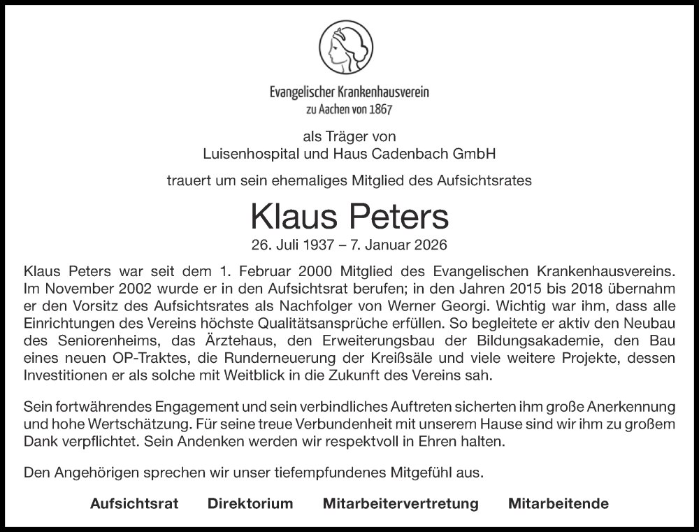  Traueranzeige für Klaus Peters vom 17.01.2026 aus Aachener Zeitung
