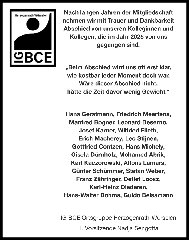  Traueranzeige für Kolleginnen und Kollegen  vom 25.01.2026 aus Zeitung am Sonntag