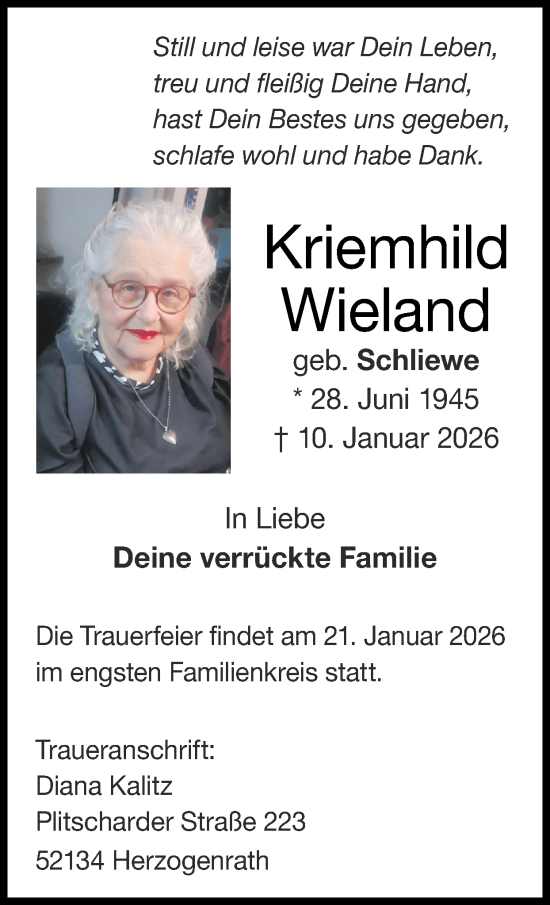 Traueranzeige von Kriemhild Wieland von Zeitung am Sonntag