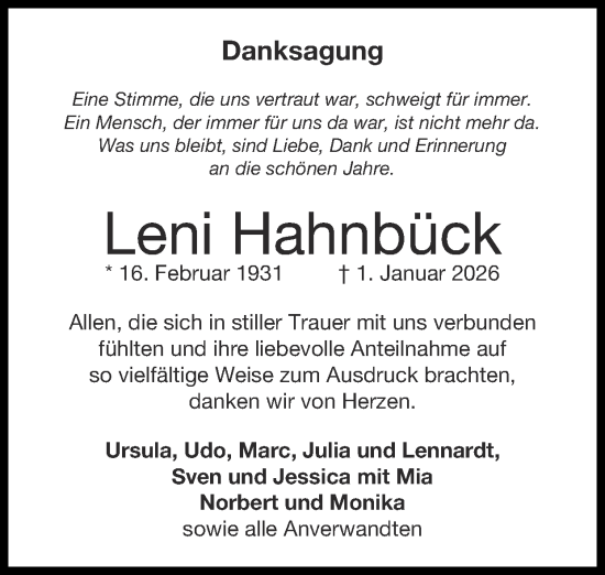 Traueranzeige von Leni Hahnbück von Zeitung am Sonntag