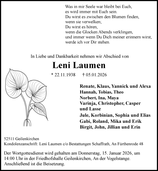 Traueranzeige von Leni Laumen von Zeitung am Sonntag