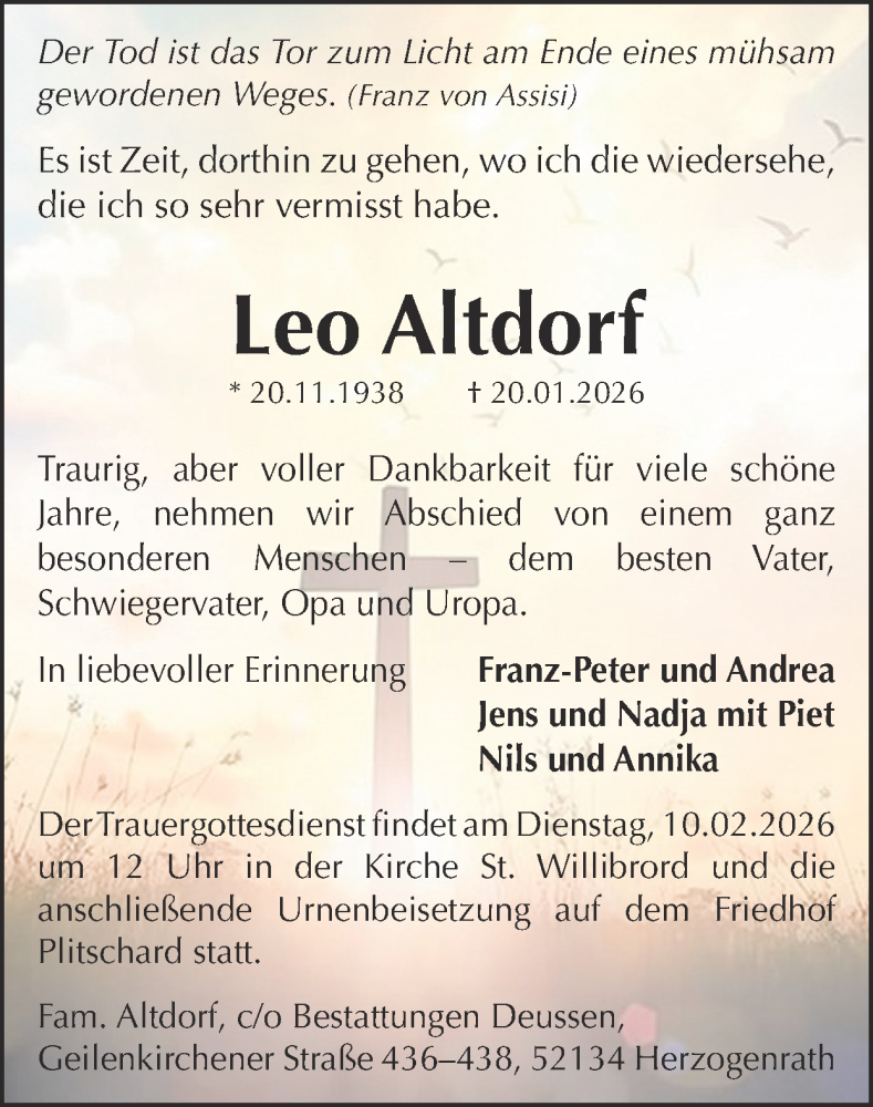  Traueranzeige für Leo Altdorf vom 01.02.2026 aus Zeitung am Sonntag