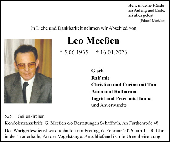 Traueranzeige von Leo Meeßen von Zeitung am Sonntag