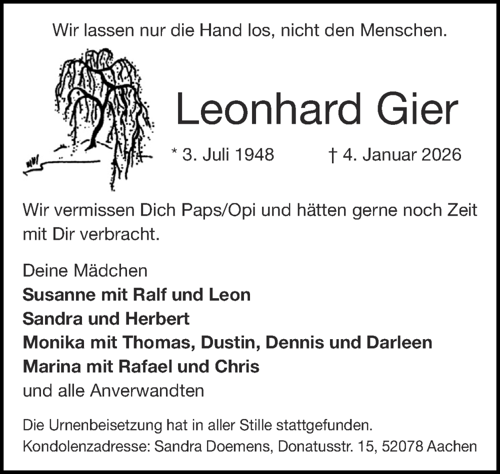  Traueranzeige für Leonhard Gier vom 25.01.2026 aus Zeitung am Sonntag