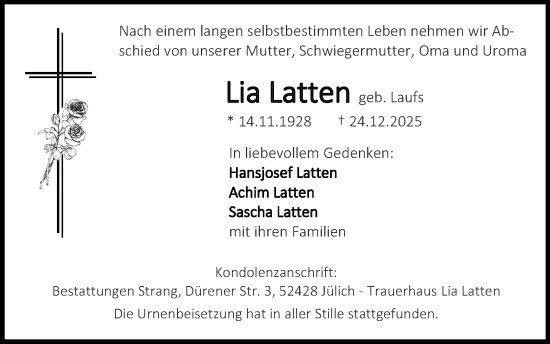Traueranzeige von Lia Latten von Zeitung am Sonntag