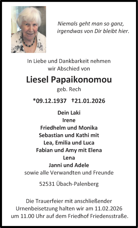 Traueranzeige von Liesel Papaikonomou von Zeitung am Sonntag