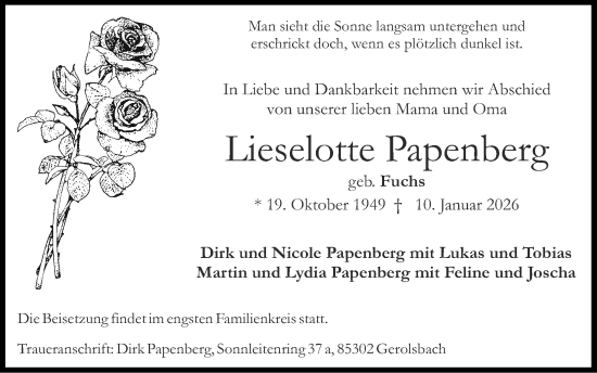 Traueranzeige von Lieselotte Papenberg von Zeitung am Sonntag