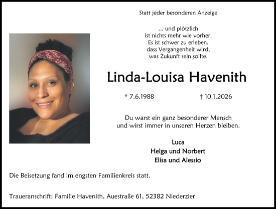 Traueranzeige von Linda-Louisa Havenith von Aachener Zeitung