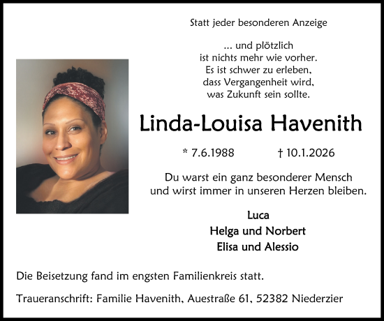 Traueranzeige von Linda-Louisa Havenith von Zeitung am Sonntag