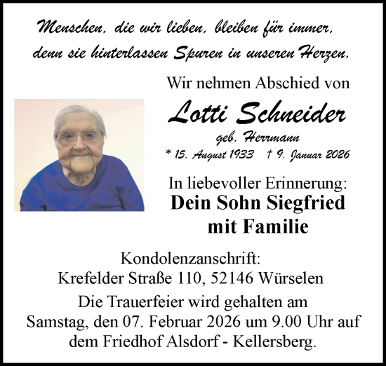 Traueranzeige von Lotti Schneider von Zeitung am Sonntag