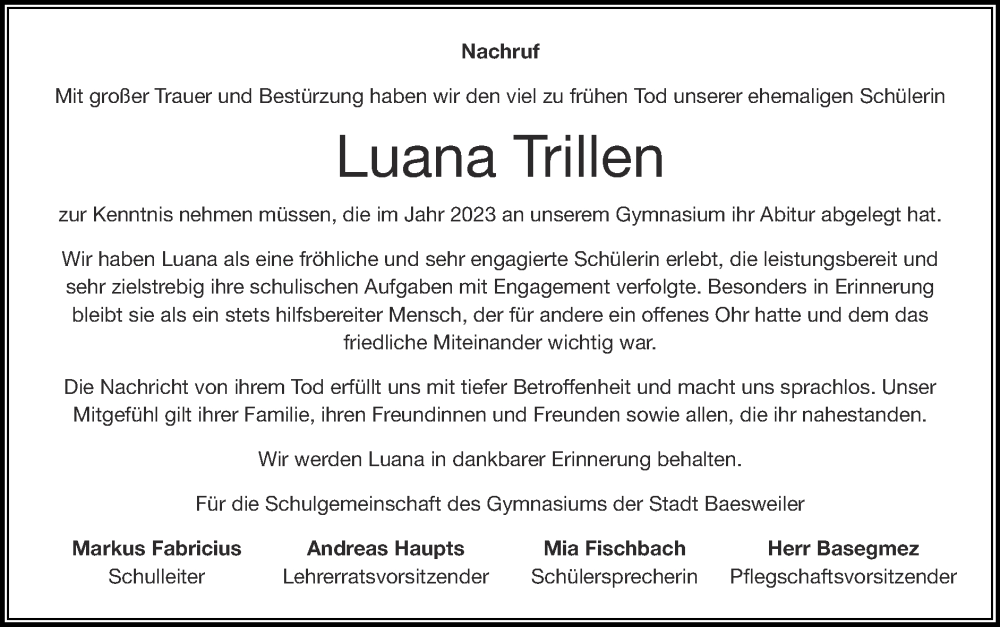  Traueranzeige für Luana Trillen vom 18.01.2026 aus Zeitung am Sonntag