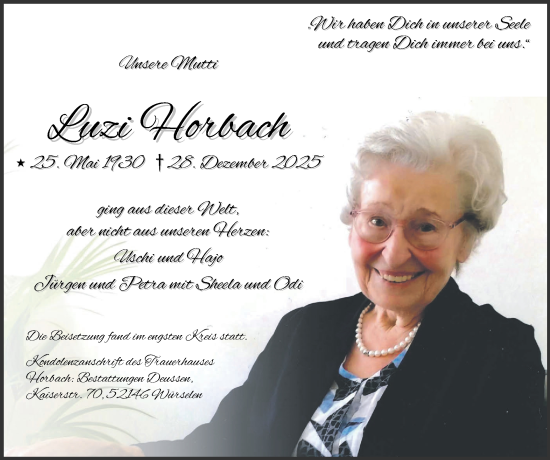 Traueranzeige von Luzi Horbach von Zeitung am Sonntag