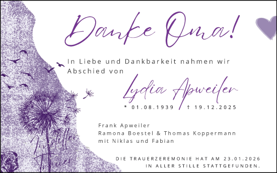 Traueranzeige von Lydia Apweiler von Zeitung am Sonntag