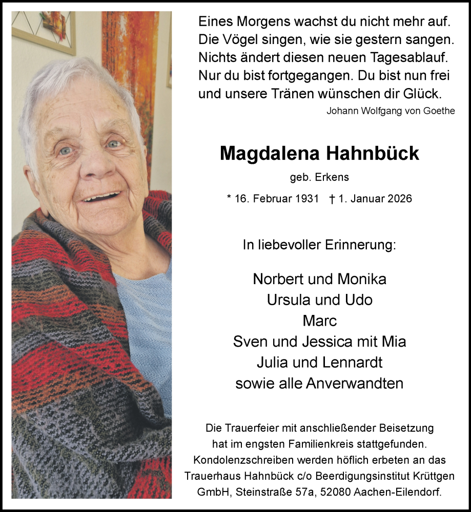  Traueranzeige für Magdalena Hahnbück vom 11.01.2026 aus Zeitung am Sonntag