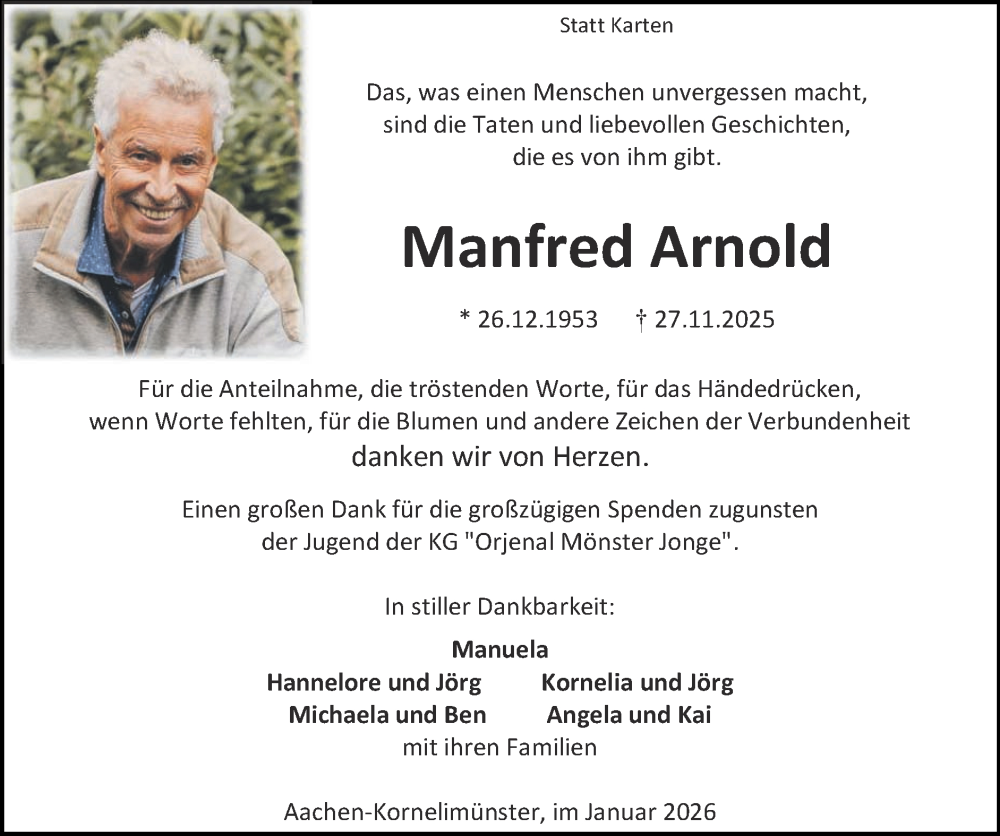  Traueranzeige für Manfred Arnold vom 18.01.2026 aus Zeitung am Sonntag