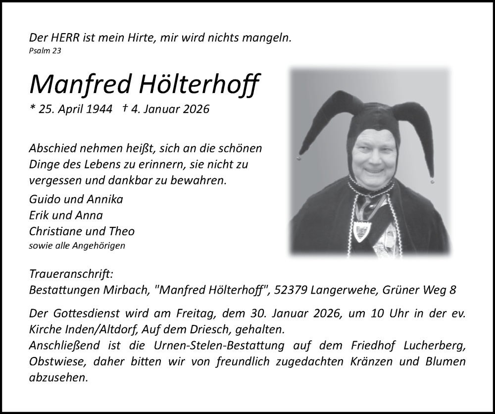  Traueranzeige für Manfred Hölterhoff vom 25.01.2026 aus Zeitung am Sonntag