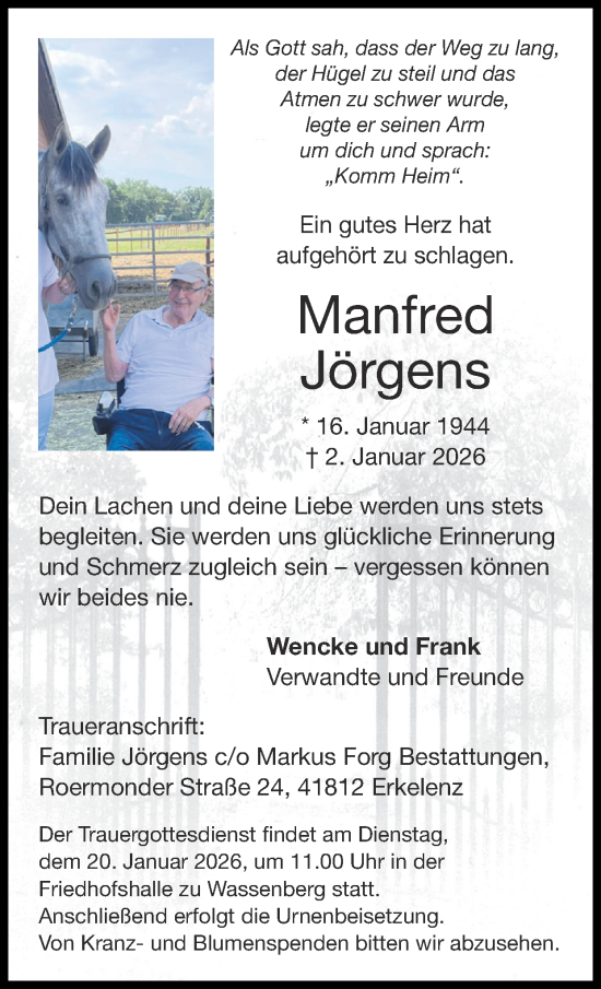 Traueranzeige von Manfred Jörgens von Zeitung am Sonntag