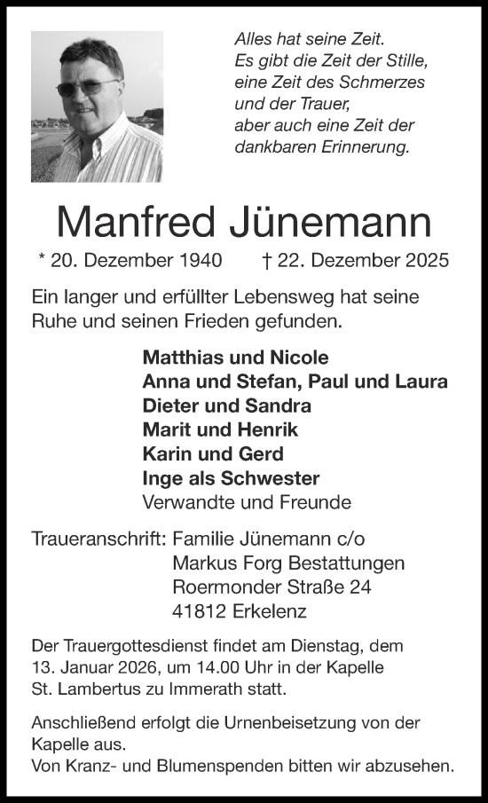 Traueranzeige von Manfred Jünemann von Zeitung am Sonntag