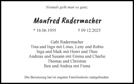 Traueranzeige von Manfred Radermacher von Zeitung am Sonntag