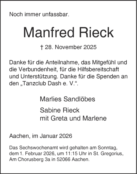 Traueranzeige von Manfred Rieck von Zeitung am Sonntag