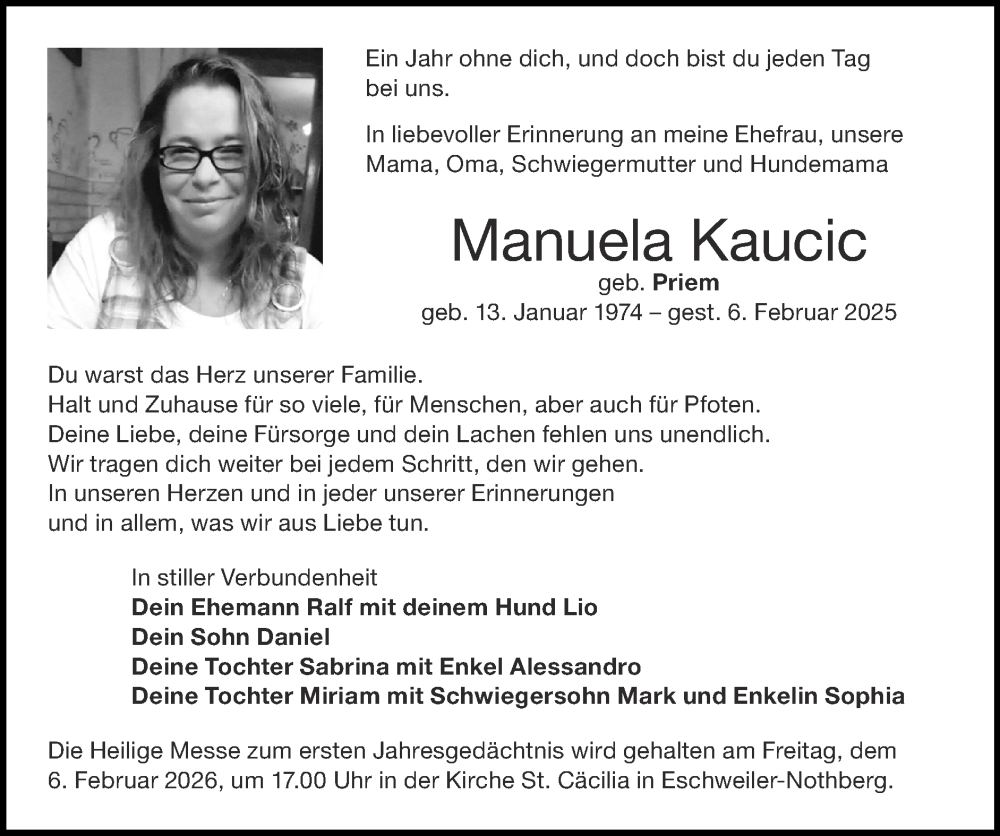  Traueranzeige für Manuela Kaucic vom 01.02.2026 aus Zeitung am Sonntag