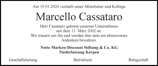 Traueranzeige von Marcello Cassataro von Zeitung am Sonntag