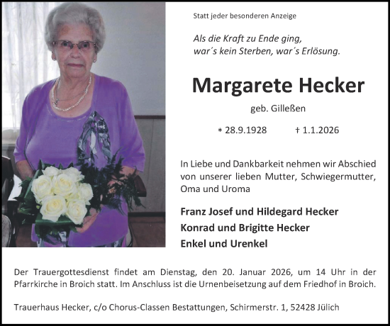 Traueranzeige von Margarete Hecker von Zeitung am Sonntag